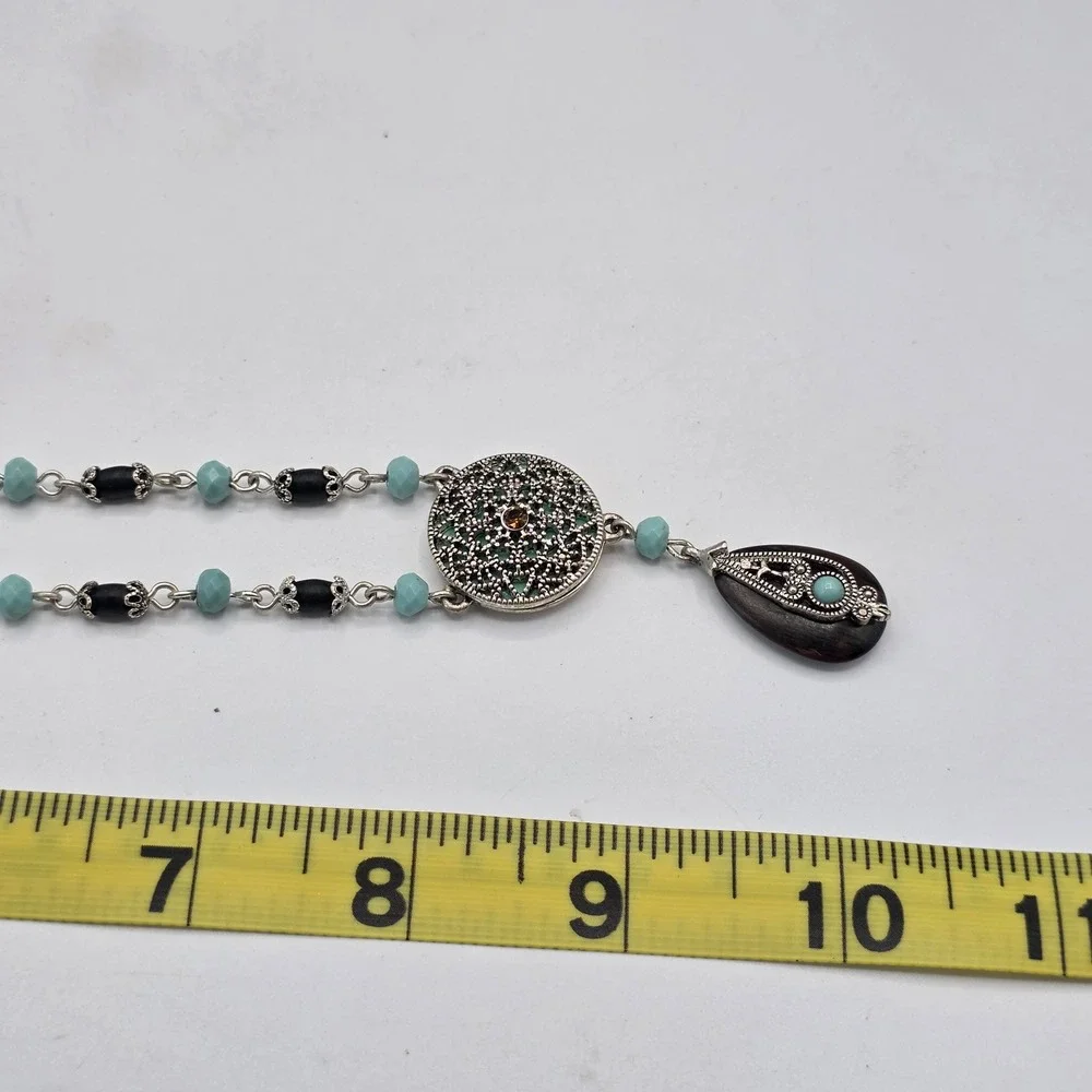 Vintage Napier Bohemian Filigree Mandala Turquoise Beaded Teardrop Necklace 18in